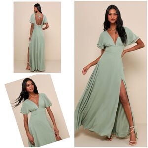 Lulus Promise of Love Dress Women's 1X Sage Brush Maxi Flutter Sleeve NWOT